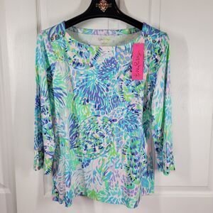 Lilly Pulitzer Sophie Blouse Sol Safe UPF +50 Sz LG 3/4 Shell of a Party NWT